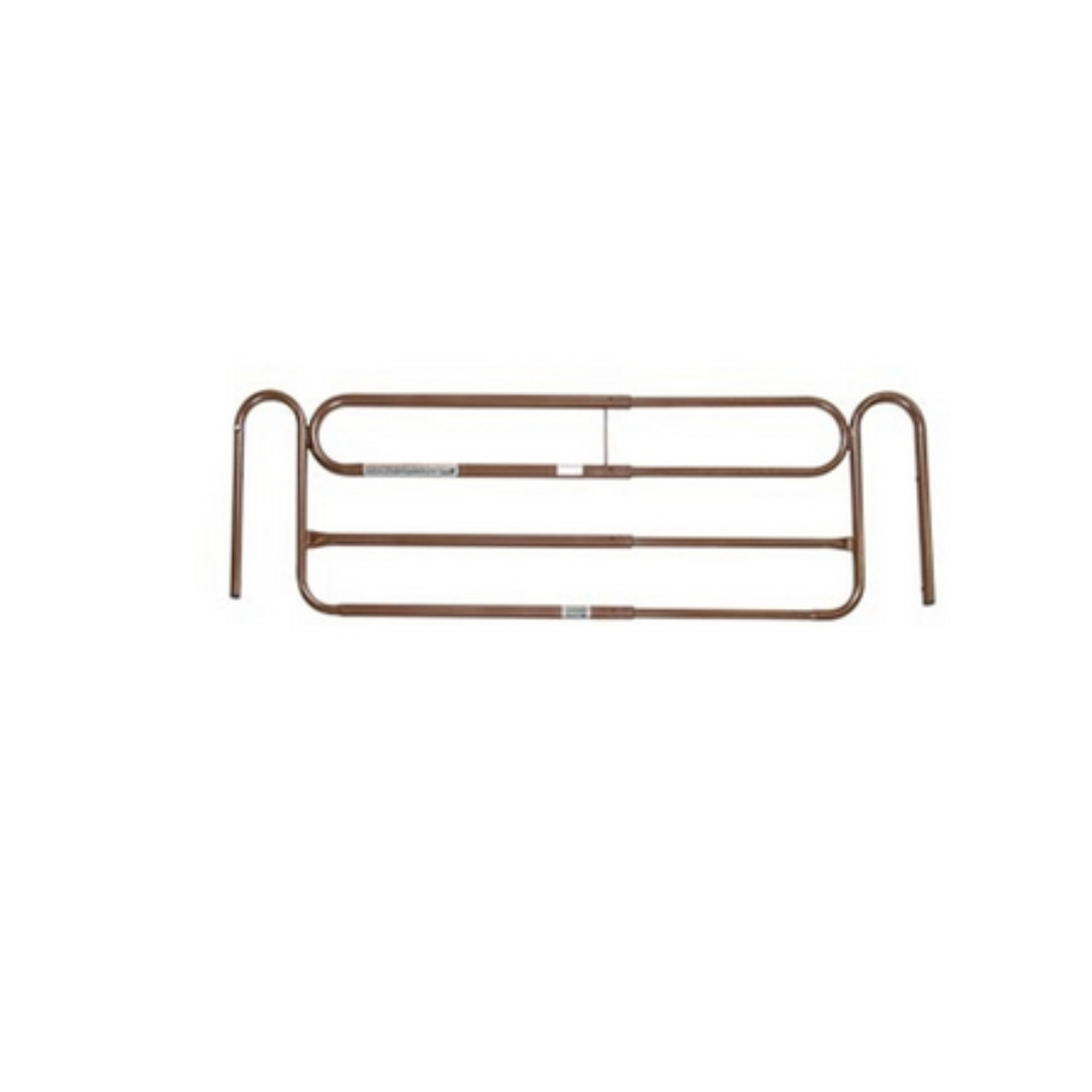 The ProBasics Reduced Gap Full-Length Bed Rail is a brown metal hospital rail with three horizontal bars and curved ends, designed for patient safety and support. It is shown isolated on a white background.